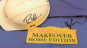 Extreme Makeover Home Edition logo next to a white hardhat with a signature on it